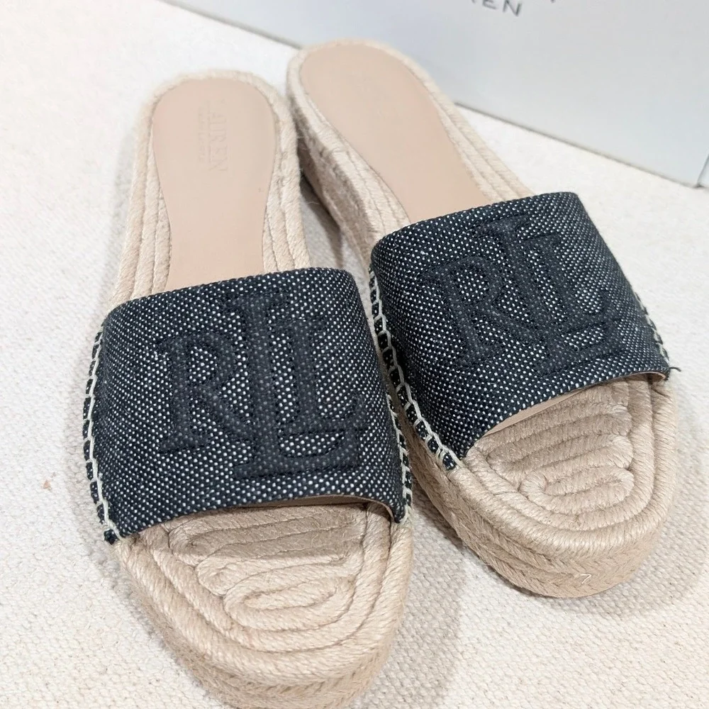 Lauren Ralph Lauren Polly Logo 2 Espadrille Slide Sandals‎ Natural Black 7B NIB